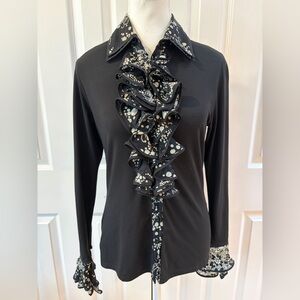 Anne Fontaine Black and White Ruffle Collar and Cuff Button Up Top Size 6-8 (40)